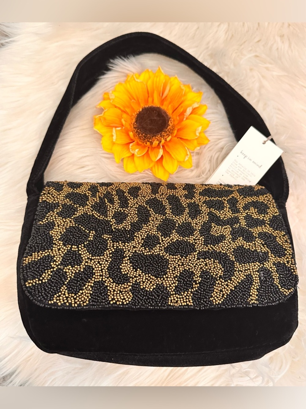 Beaded Leopard Print Flapper Shoulder Bag  Black and Gold NEW!